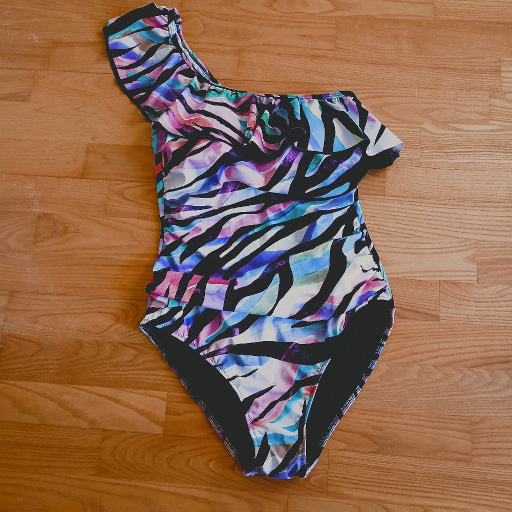 Profile by Gottex Swimsuit One Piece Multicolored Asymetric Ruffle Size 10‎
